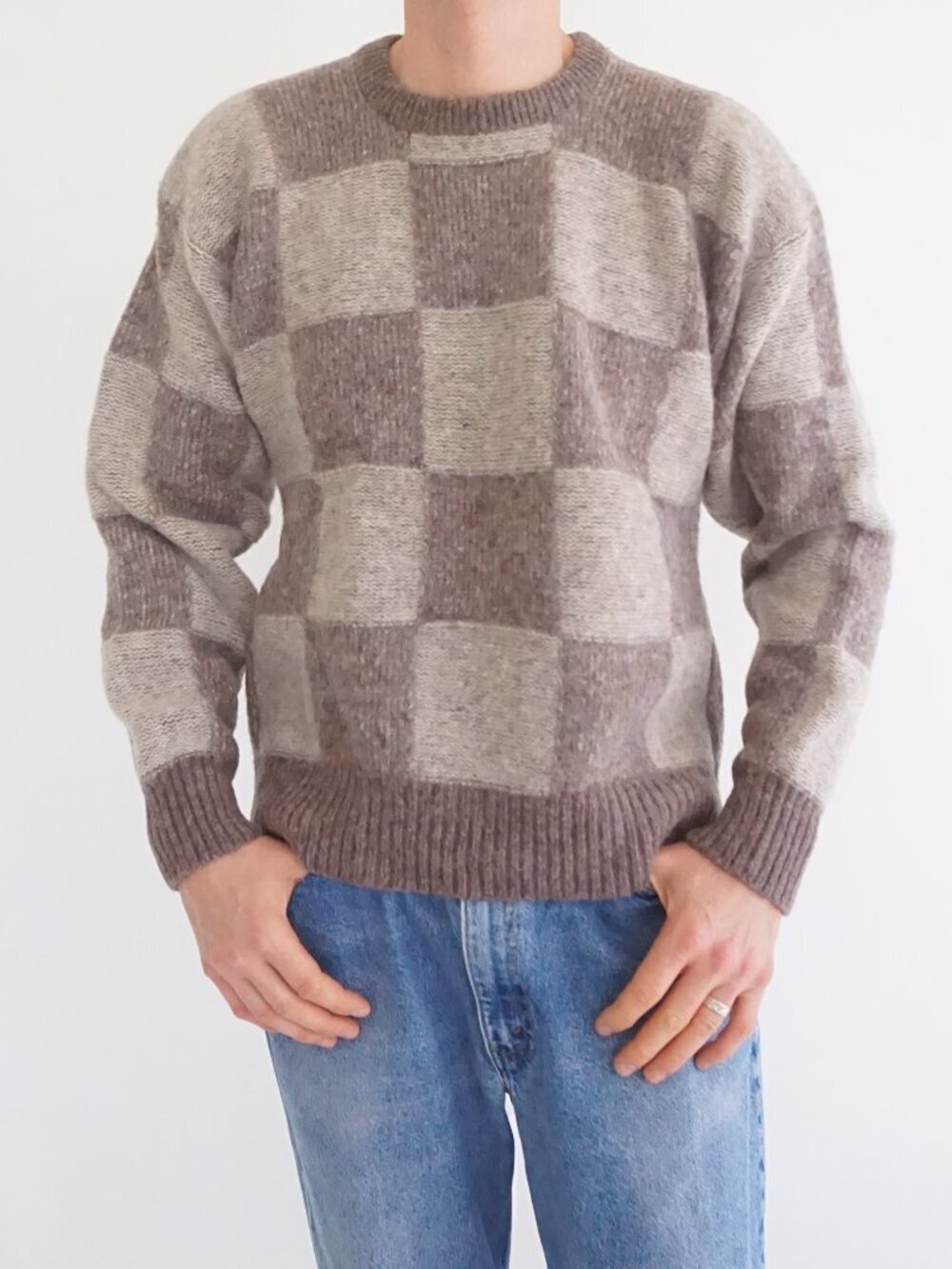 Vintage Jockey Brown Checkered Pure New Wool Grandpa Knit Sweater Mens Hiking M